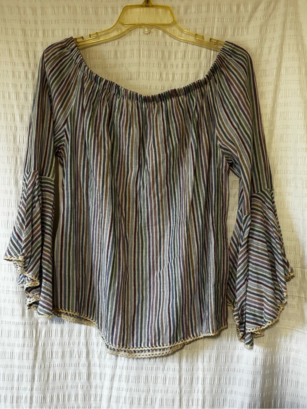Solitaire Off Shoulder Striped Bell Sleeve Cotton Top Sz Large - Picture 8 of 8